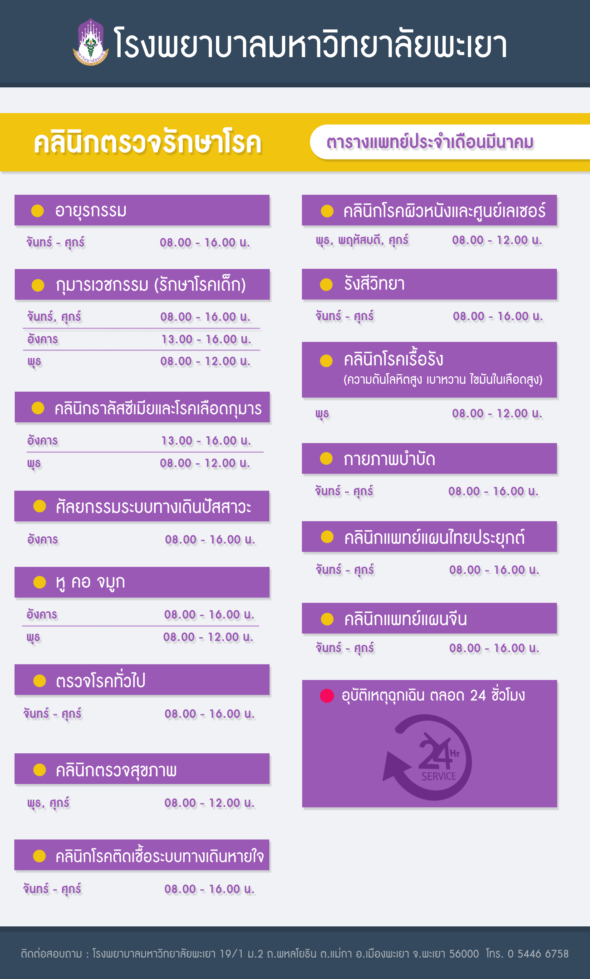 ตารางเวลาออกตรวจแพทย์ และเวลาบริการคลินิกต่างๆ ประจำเดือนมีนาคม 2564 (Work time period) โรงพยาบาลมหาวิทยาลัยพะเยา