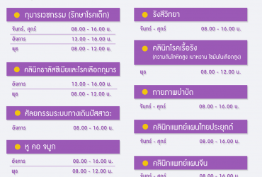 ตารางเวลาออกตรวจแพทย์ และเวลาบริการคลินิกต่างๆ ประจำเดือนกุมภาพันธ์ 2564 (Work time period) โรงพยาบาลมหาวิทยาลัยพะเยา