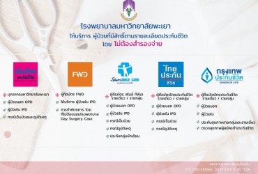 ประชาสัมพันธ์  ประกันสุขภาพที่สามารถเบิกจ่ายกับโรงพยาบาลมหาวิทยาลัยได้โดยไม่ต้องสำรองเงินจ่าย ✅ เมืองไทยประกันชีวิต (เฉพาะบุคลากรมหาวิทยาลัยพะเยา) ✅ เอฟดับบลิวดี (FWD) ✅ สไมล์ ทีพีเอ (Siamsmile) ✅ ไทยประกันชีวิต ✅ กรุงเทพประกันชีวิต